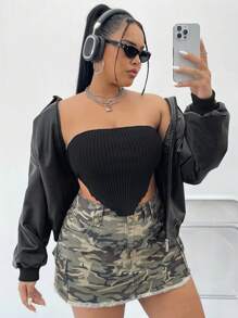 SHEIN EZwear 大码女式不对称下摆针织抹胸 - 黑色 - 查看 5