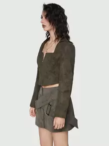 ROMWE Grunge Punk Damen-pu-langarmoberteil Mit Quadratischem Ausschnitt Und Reißverschluss - Olivgrün - Übersicht 3