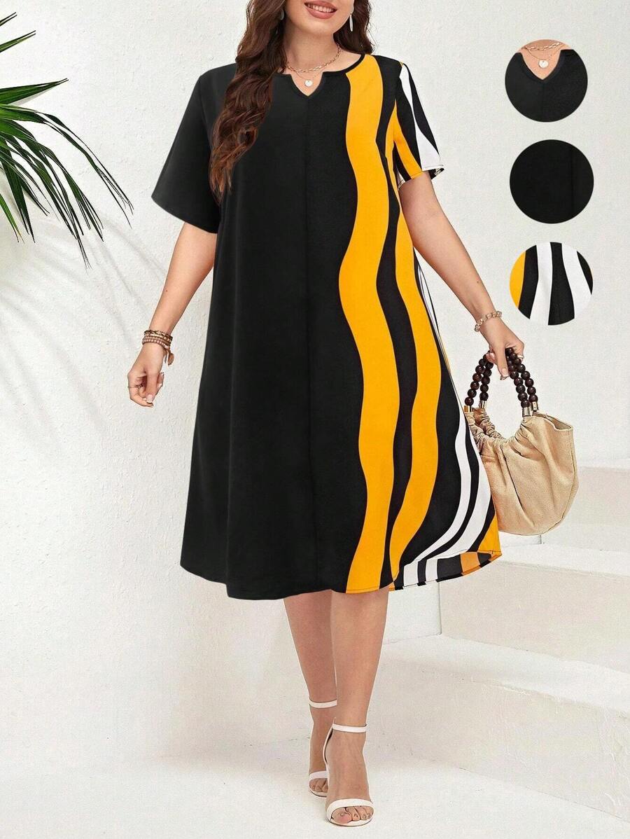 SHEIN LUNE Plus Size Short-Sleeved Dress With V-Neck And Wave Pattern, Summer - Multicolor - View 1