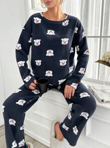 RueChic Women's Cute Bear Pattern Pajama Set - Navy Blue - View 1