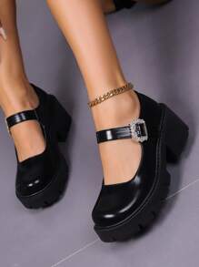 女性瑪麗珍鞋帶扣飾,坡跟高跟鞋和厚-黑色,合適的適用於四季 - 黑色 - 查看 4