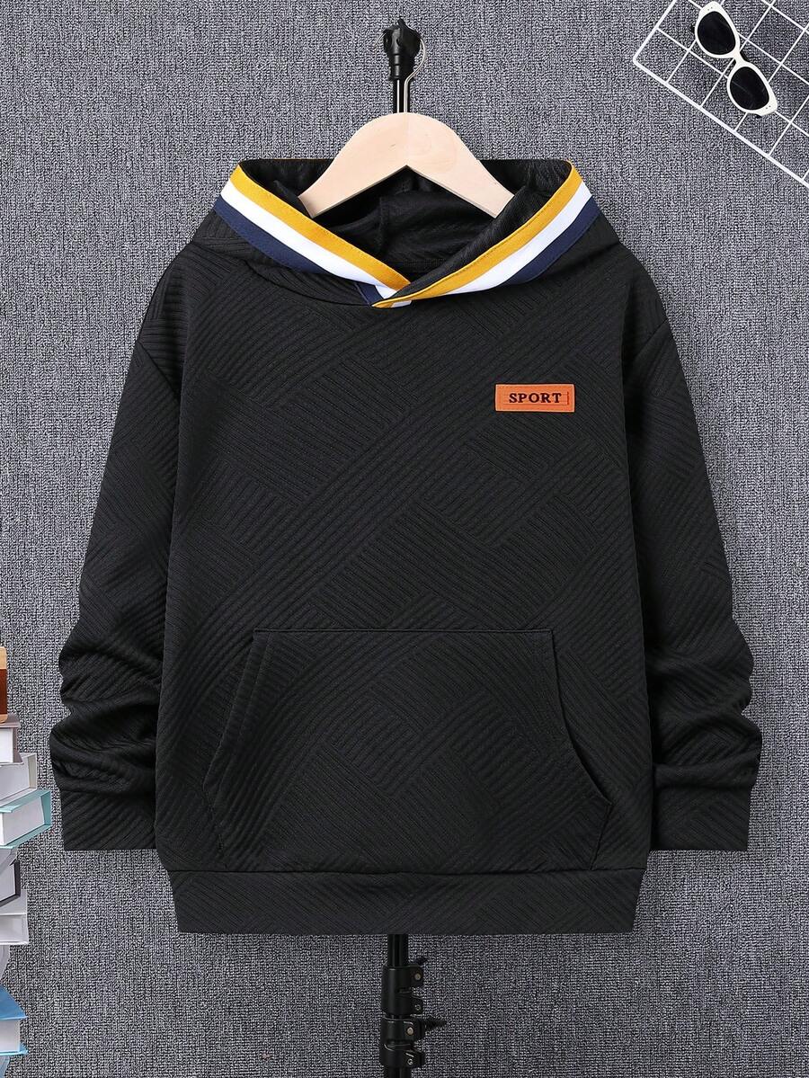 SHEIN 男童拼接长袖卫衣,带贴花装饰,秋冬季,黑色上衣 - 黑色 - 查看 1
