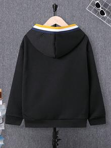 SHEIN 男童拼接长袖卫衣，带贴花装饰，秋冬季，黑色上衣 - 黑色 - 查看 2