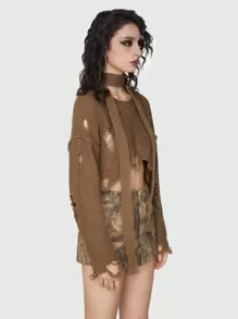 ROMWE Grunge Punk Của phụ nữ Vai lạnh Áo len Distressed - Cà phê nâu - Xem 4