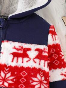 Infant Boys' Hooded Christmas Printed Patchwork Zipper Jacket - Navy Blue - View 7