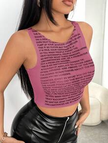 SHEIN Unity Đồ họa Khẩu hiệu Crop Tank Top - Màu Hoa hồng đỏ - Xem 5