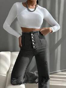 SHEIN Cottnline جينز بأزرار ممزقة - رمادي غامق - مشاهدة 4