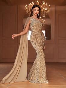 Faeriesty Elegant Shimmering Sequin Asymmetrical Neck Mermaid Gown – Perfect For Luxury Weddings, Evening Parties, Award Ceremonies, Black Tie Events, And Red Carpet Galas Party Dress Wedding Guest Dress Formal Dress Evening Dress