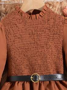 Vestido Marrón Vintage Con Cinturón Para Niña Adolescente Para Otoño E Invierno - Marrón - Ver 3