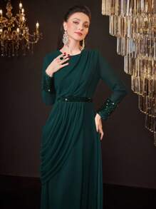 Modelyn Solid Color Round Neck Shimmer Patchwork Draped Ruffle Arabian Dress - Dark Green - View 3