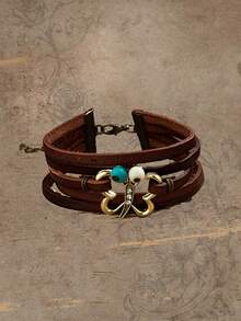 ROMWE Hippie 1pc Vintage Creative Style Multi-layer Braided Pu Leather Chain Bracelet With Rhinestone Butterfly Decoration - Coffee Brown - View 2