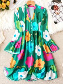 Breezaya Vestido Con Estampado Floral Y Manga Acampanada Con Dobladillo Con Volantes - Verde - Ver 3