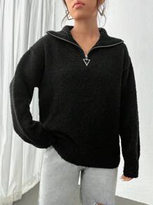 Flirla Half Zip Drop Shoulder Knit Pullover Fall Winter Sweater - Black - View 4