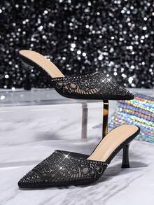 女性鑽石裝飾高跟鞋迷人的閃爍尖頭鞋婚禮派對細跟鞋黑色磨砂拖鞋黑色鞋春夏款 - 黑色 - 查看 2