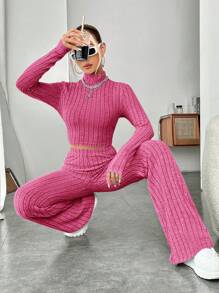 SHEIN EZwear 針織羅紋長袖上衣+褲子套裝 - 玫紅色 - 查看 6