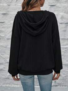 SHEIN LUNE 女士純色下垂肩拉鍊半扣繩口帽衫 - 黑色 - 查看 2