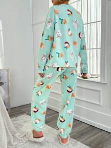 RueChic Ladies Cartoon Cat Print Pajama Set - Mint Green - View 2