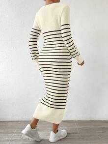 SHEIN Essnce Của phụ nữ Sọc Tay áo lồng đèn Đầm Áo len - Màu be - Xem 2