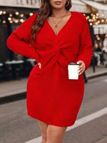 SHEIN Unity Plus Twist Front Drop Shoulder Sweater Dress - Red - View 6