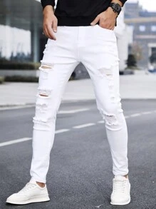 Manfinity Homme Men Cotton Ripped Frayed Skinny Jeans Slim Fit Long Jean Cargo Plain All White Office Casual Husband Urban Going Out Party Vacation