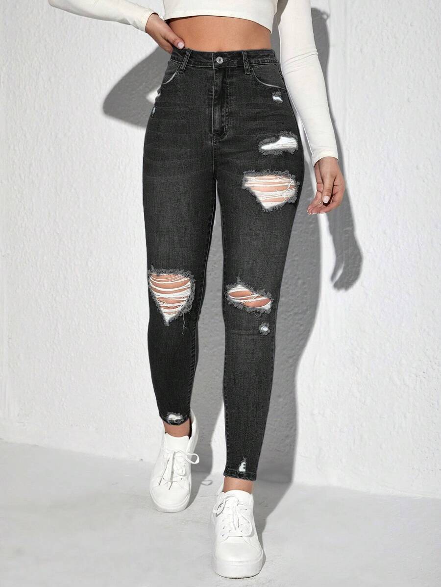 Jeanoix Zipper Fly Ripped Skinny Jeans - Black - View 1