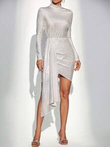 Chiquease Stand Collar Asymmetrical Hemline Dress Fall Cloth For Women - Silver - View 3