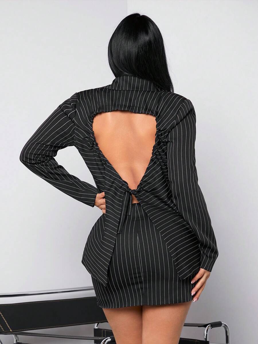 SHEIN SXY Backless Sexy Clubwear Striped Women'S Suit Set - Black and White - View 1