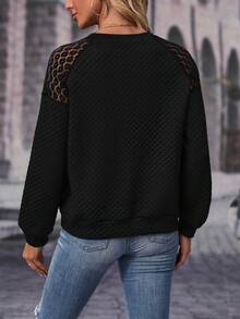 SHEIN LUNE Của phụ nữ Chèn Lace Tay Raglan Áo nỉ - màu đen - Xem 2