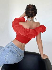 Aloruh Off Shoulder Red Casual Women's Shirt - Red - View 2