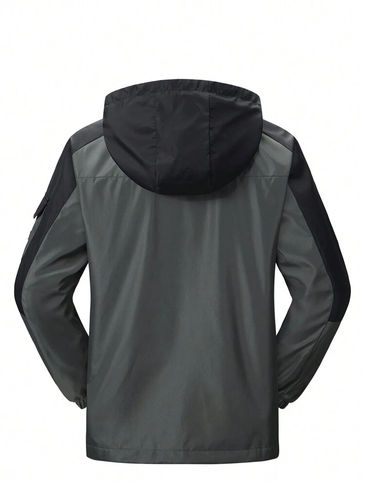 Loose Fit Men's Color Block Hooded Jacket With Zipper Closure And Flap Pockets