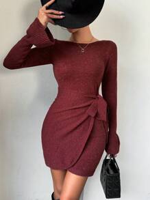 Chiquease tay áo lá sen Nút ven Bao bên Đầm Áo len - Màu Đỏ Sâu - Xem 4