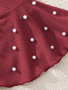 SHEIN Tween Girl Pearls Beaded Flare Sleeve Tee - Red - View 6