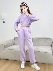 Solid Color Teenage Girls' Hoodie And Sweatpants Two Piece Set - Purple - View 1