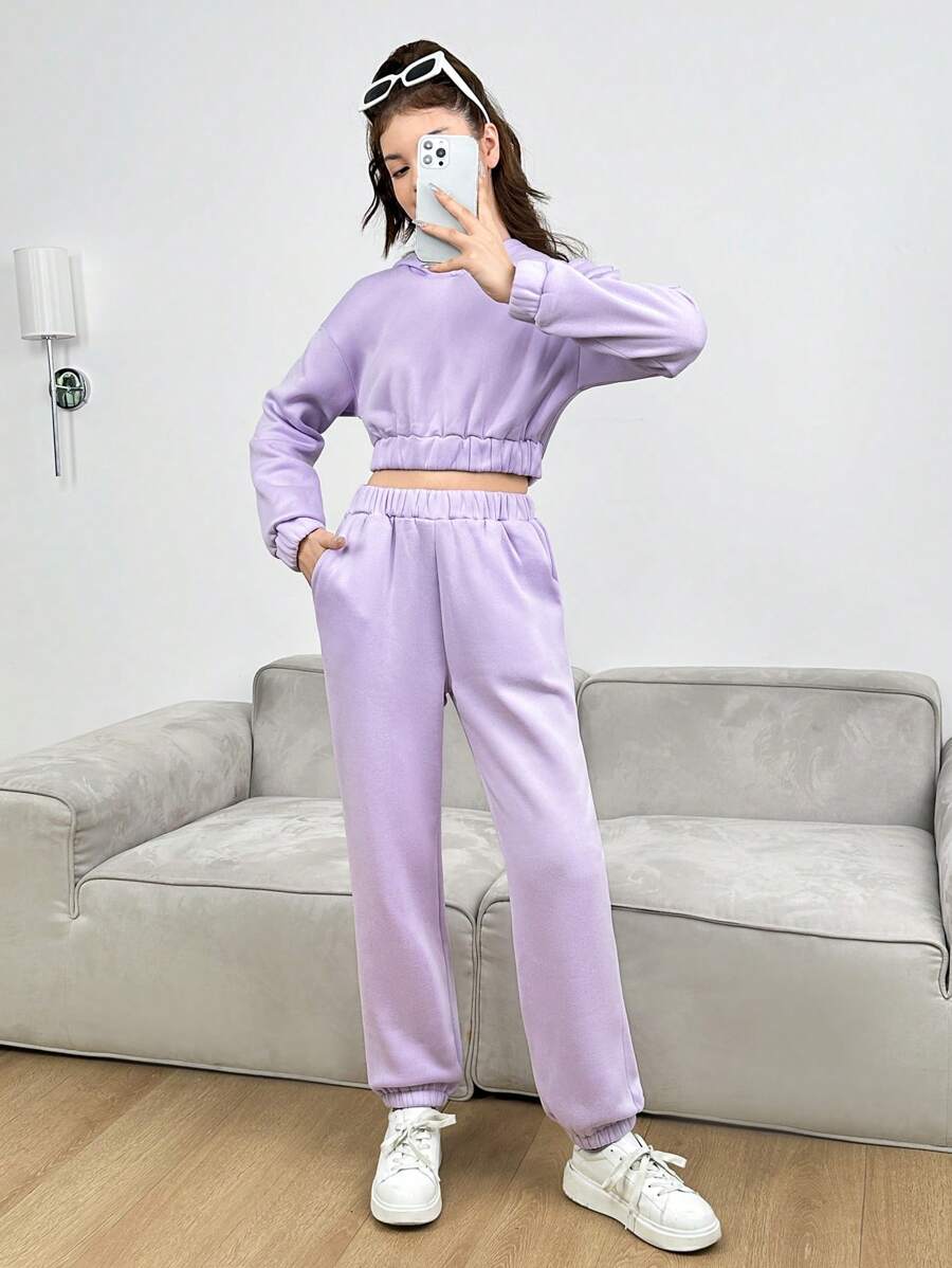 Solid Color Teenage Girls' Hoodie And Sweatpants Two Piece Set - Purple - View 1