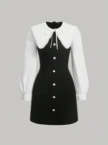 SHEIN MOD Vestido de dos tonos de cuello exagerado con cordón delantero - Blanco y Negro - Ver 1