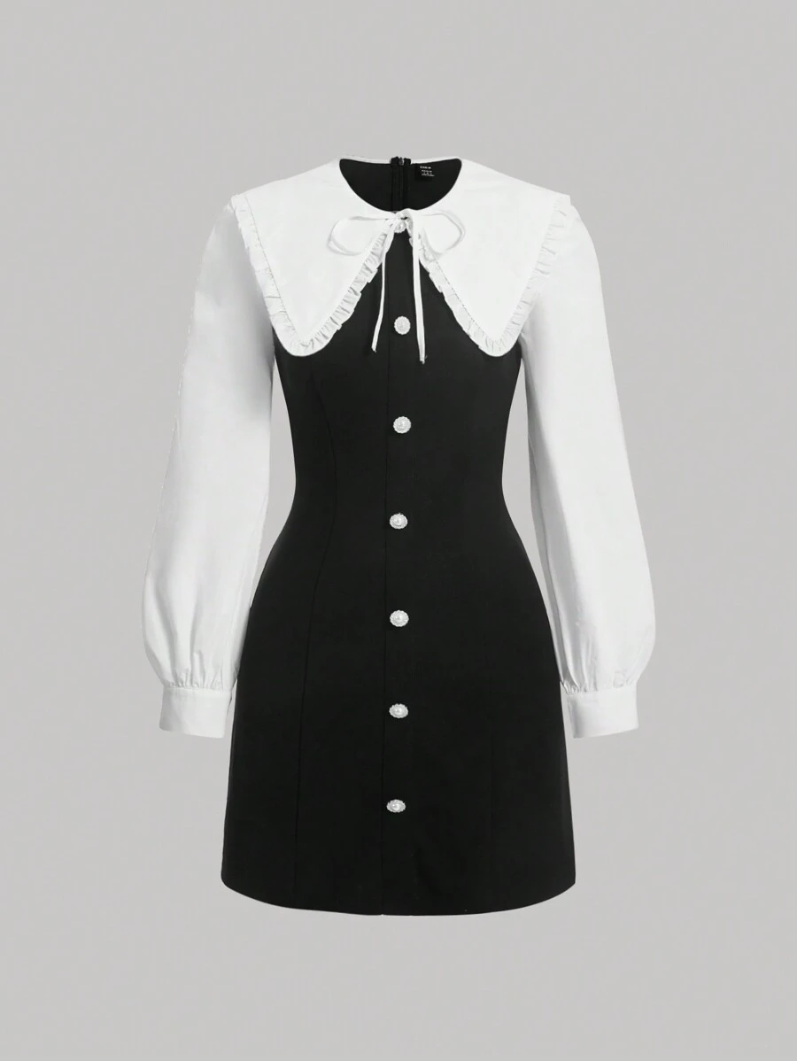 SHEIN MOD Vestido de dos tonos de cuello exagerado con cordón delantero - Blanco y Negro - Ver 1