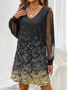 SHEIN LUNE Graphic Print Mesh Lantern Sleeve Dress - Multicolor - View 1