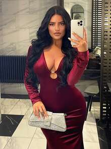 SHEIN SXY Red Velvet High Split Formal Dress For New Year - Burgundy - View 5