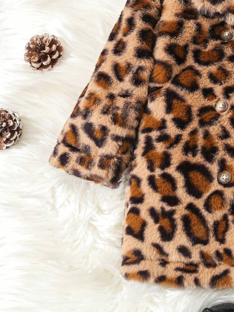 1pc Baby Girls' Leopard Plush Autumn Double Breasted Padded Coat, Fashionable