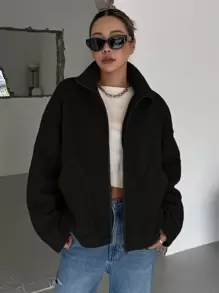 DAZY 纯色立领拉链夹克，女士深秋休闲补丁，口袋，拉链落肩领超大黑色纯色女士夹克，休闲日常穿着