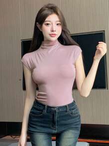 DAZY Áo thun nữ tay ngắn cổ tròn trơn màu, trang phục mùa thu thời trang thanh lịch - Hồng - Xem 4