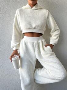 EURMUSE Solid Crop Teddy Hoodie & Pants - White - View 3