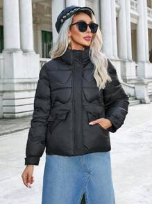 SHEIN LUNE 女士纯色长袖前拉链休闲加厚棉服冬季服装 - 黑色 - 查看 5