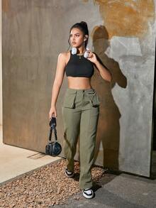 Women's Simple & Casual Cargo Pants With Large Pockets And Personalized Design - Green - View 4