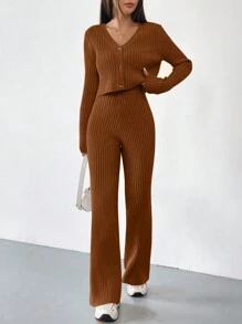 SHEIN EZwear 女款前扣衫+毛衣褲兩件套