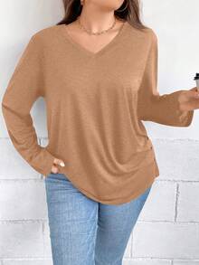 SHEIN Clasi 加大碼純色v領t恤,帶鈕釦細節 - 棕色 - 查看 4