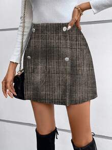 SHEIN Privé Falda Mini De Cuadros Con Decoración De Botones - Negro - Ver 4