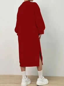 SHEIN Unity Women's Long Sweatshirt Dress With Split Hem - Red - View 2