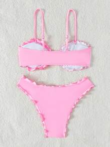 SHEIN Swim Women's Lettuce Trim Bikini Set Bow Tie Front Bra & Bikini Bottom Bikini Set For Summer Beach - White - View 6