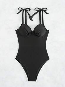 SHEIN Swim Women's Solid Color One-piece Swimsuit With Strap - Black - View 6